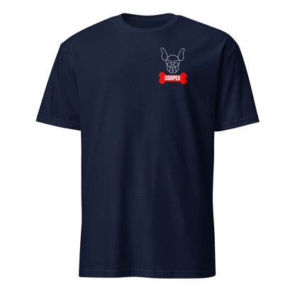 Navy blue t-shirt with a graphic design on the chest against a white background: Personalized Puppy Play Shirt, Custom Name Pet Pride Tee, Human Puppy T-Shirt, Petplay Merch, Gift For Pup & Handler, Puppy Hood Design