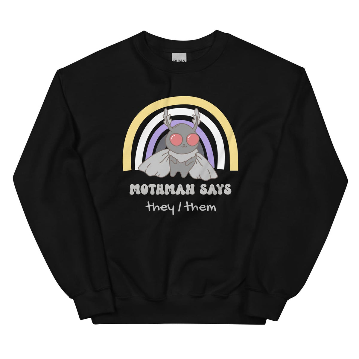 Black nonbinary custom pronouns sweatshirt with Mothman graphic and rainbow design on a white background