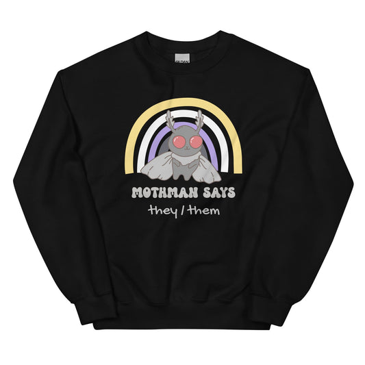 Black nonbinary custom pronouns sweatshirt with Mothman graphic and rainbow design on a white background