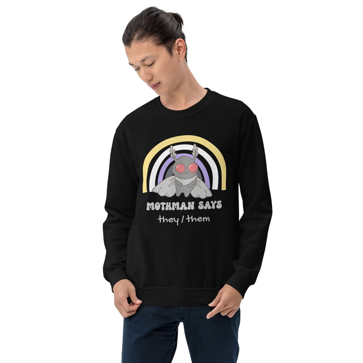 Person wearing a black nonbinary custom pronouns sweatshirt with Mothman graphic and text on a white background