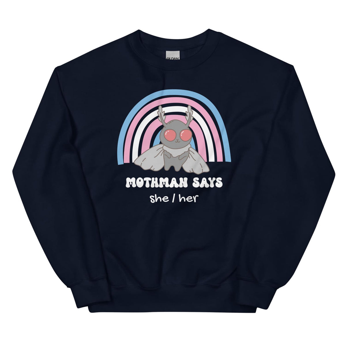 Navy blue custom transgender sweatshirt with Mothman graphic and rainbow design on a white background