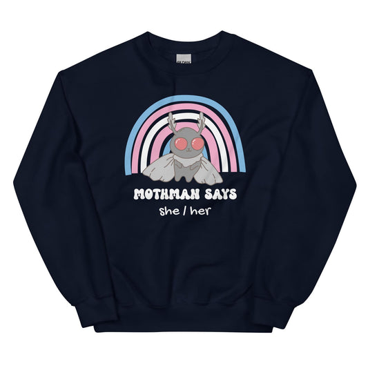 Navy blue custom transgender sweatshirt with Mothman graphic and rainbow design on a white background