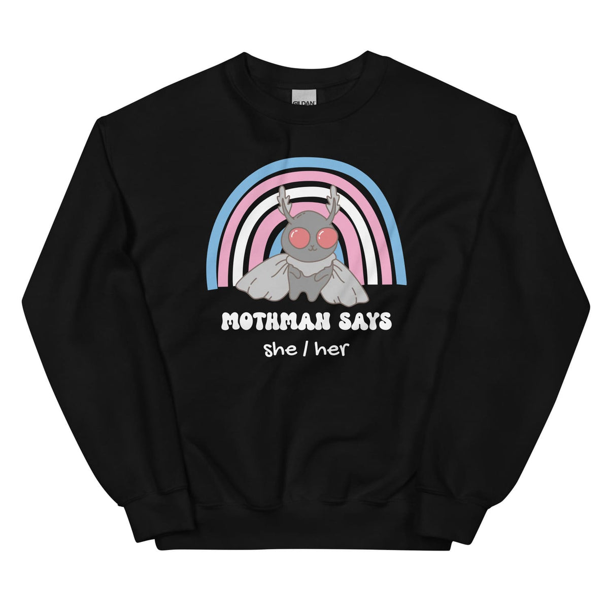 Black custom transgender sweatshirt with Mothman graphic and rainbow design on a white background