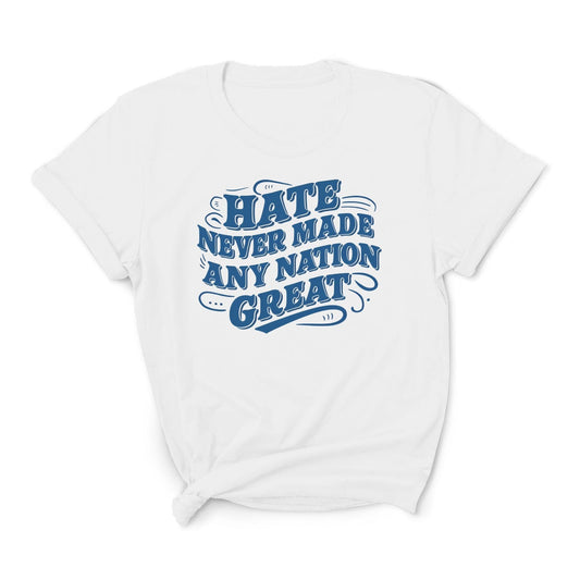 White t-shirt with blue text on a white background