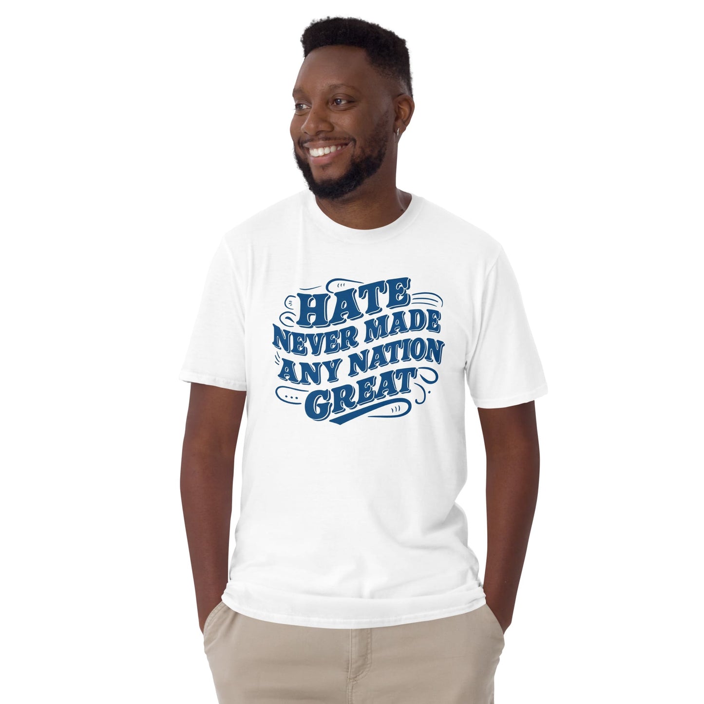 Man wearing a white t-shirt with blue text on a white background