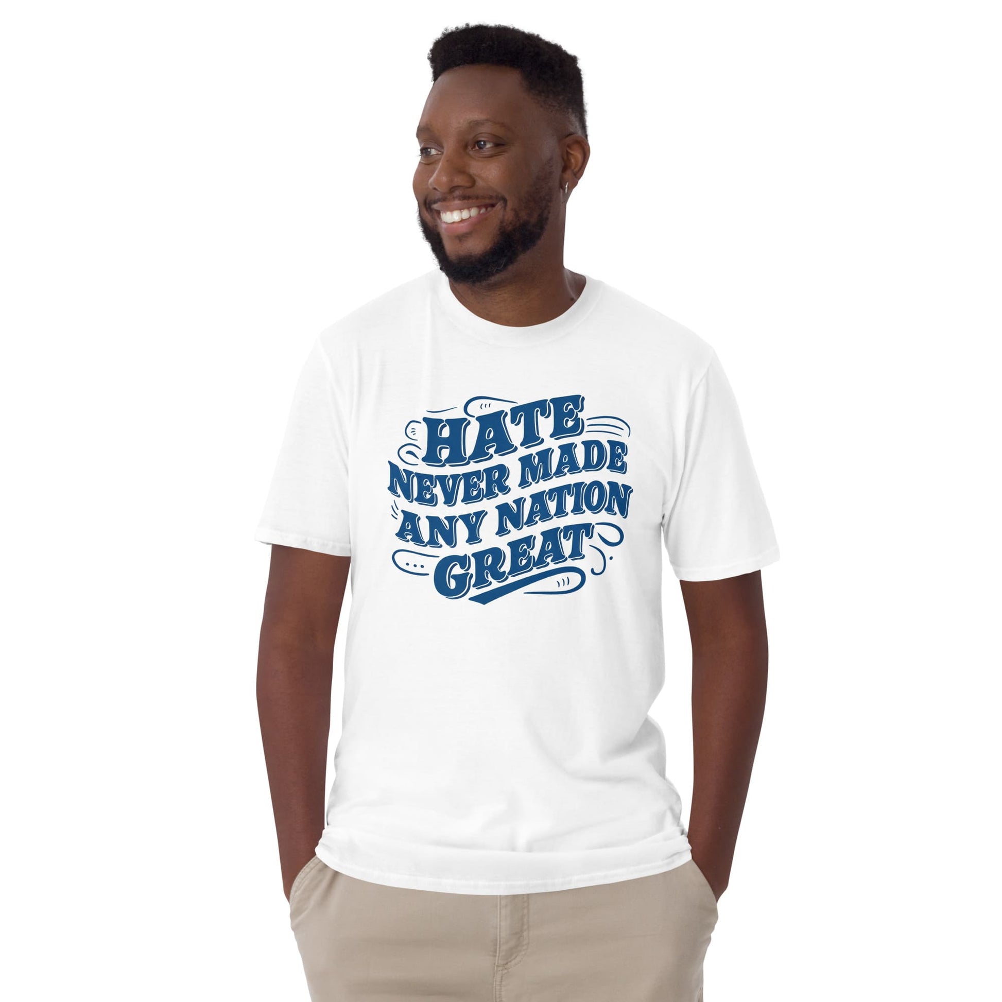 Man wearing a white t-shirt with blue text on a white background