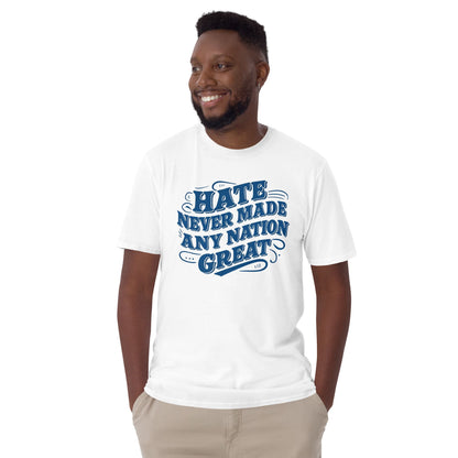 Man wearing a white t-shirt with blue text on a white background