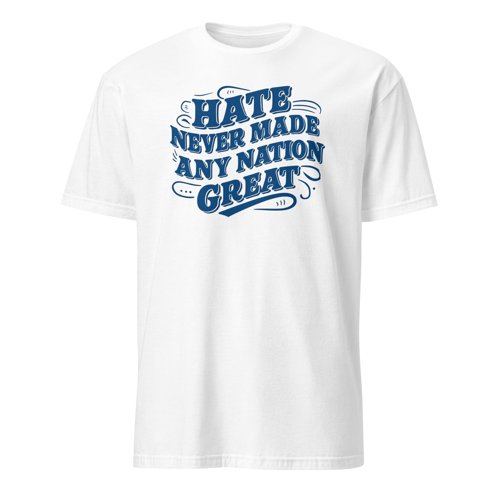 White t-shirt with blue text on a white background