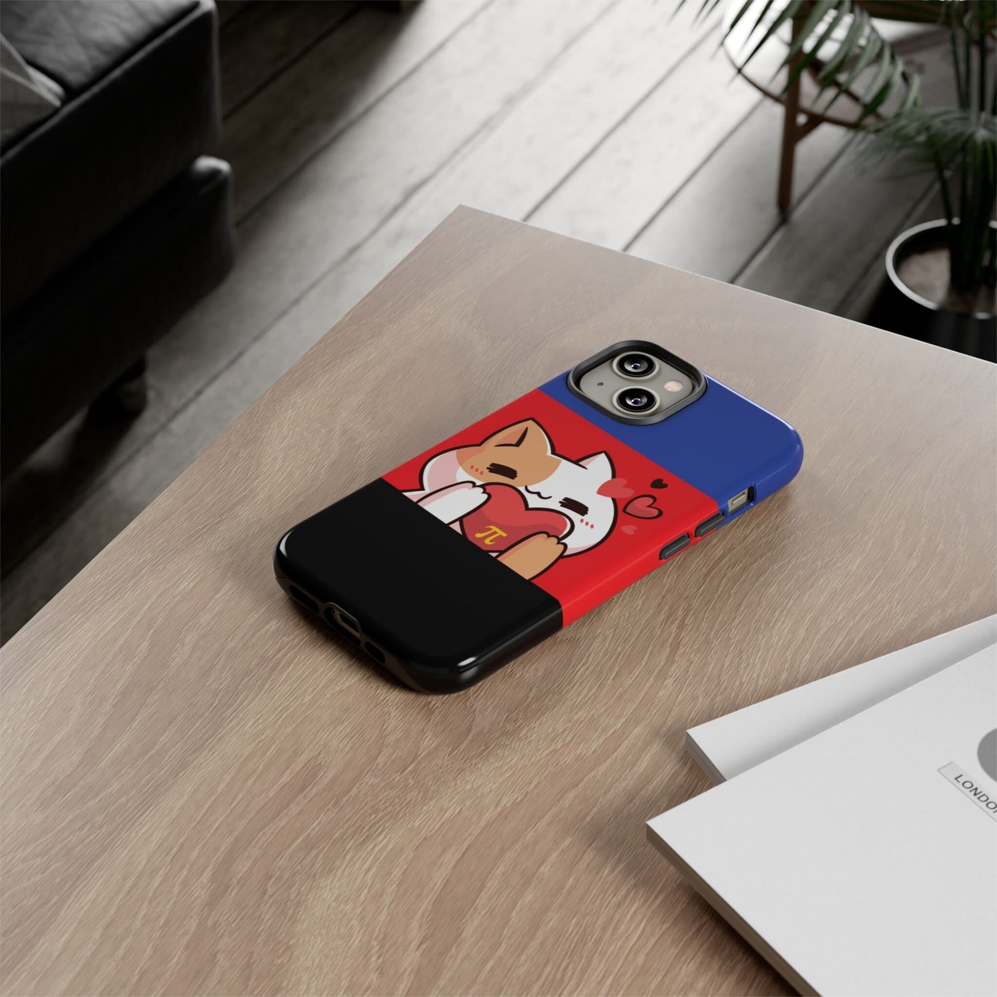 polyamory phone case kawaii cat, on table