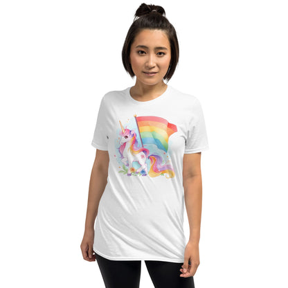 LGBTQ shirt, cute rainbow unicorn tee, model 1