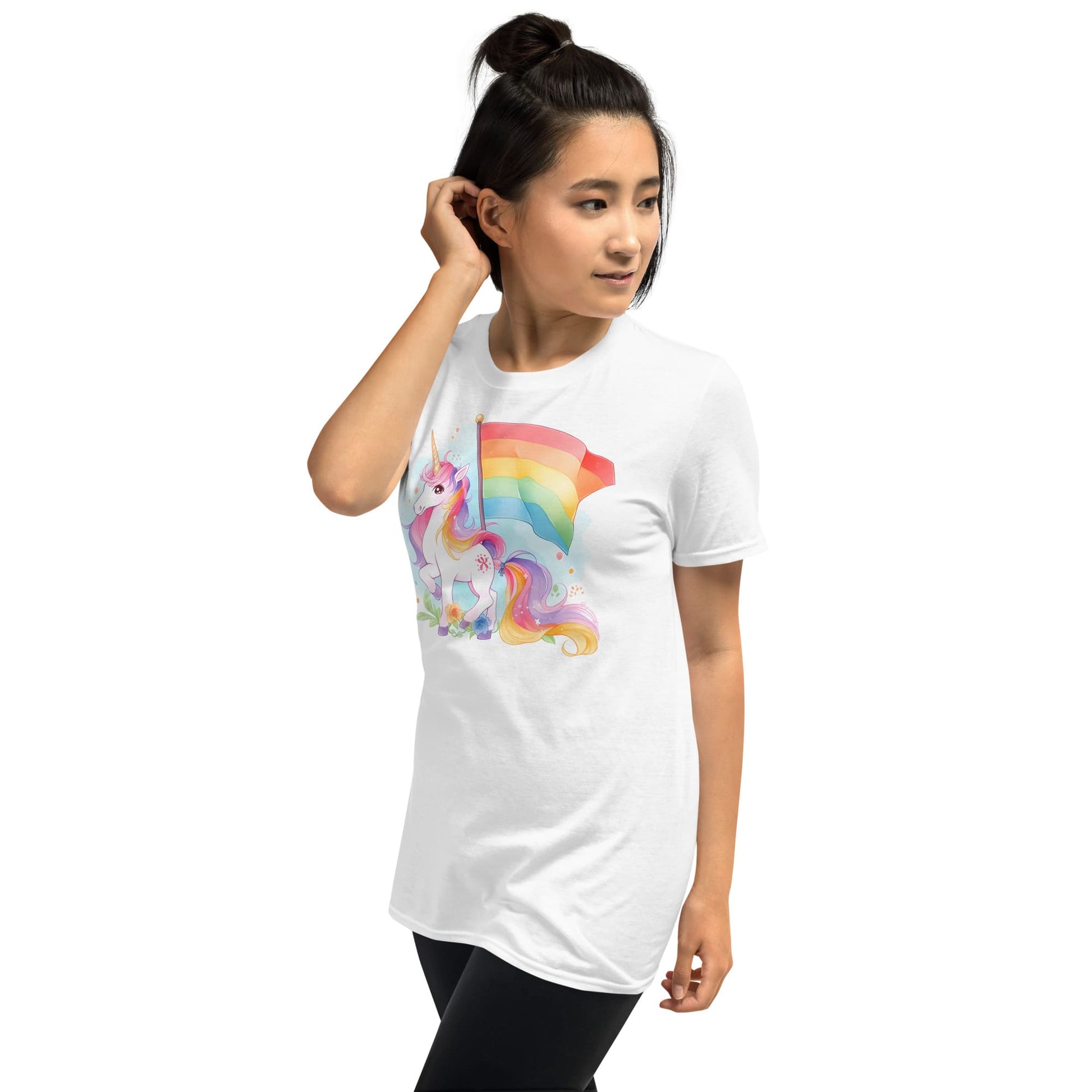 LGBTQ shirt, cute rainbow unicorn tee, model 2