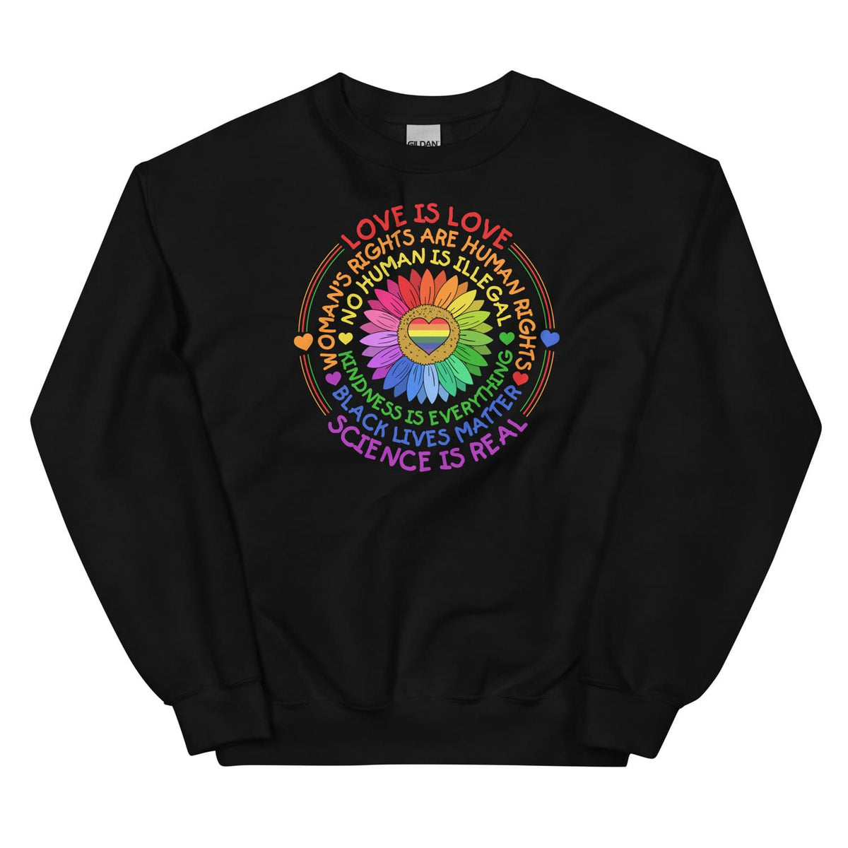 Black pride sweatshirt with colorful text and symbols on a white background