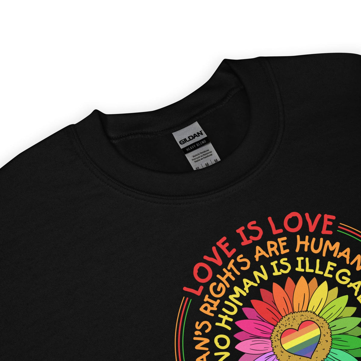 Black pride sweatshirt with rainbow design and text on a white background