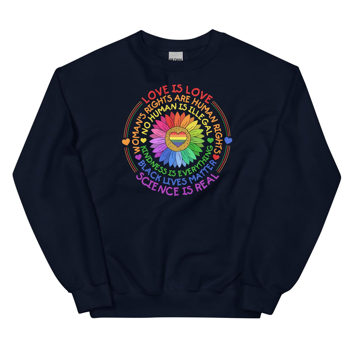 Navy pride sweatshirt with colorful text and symbols on a white background