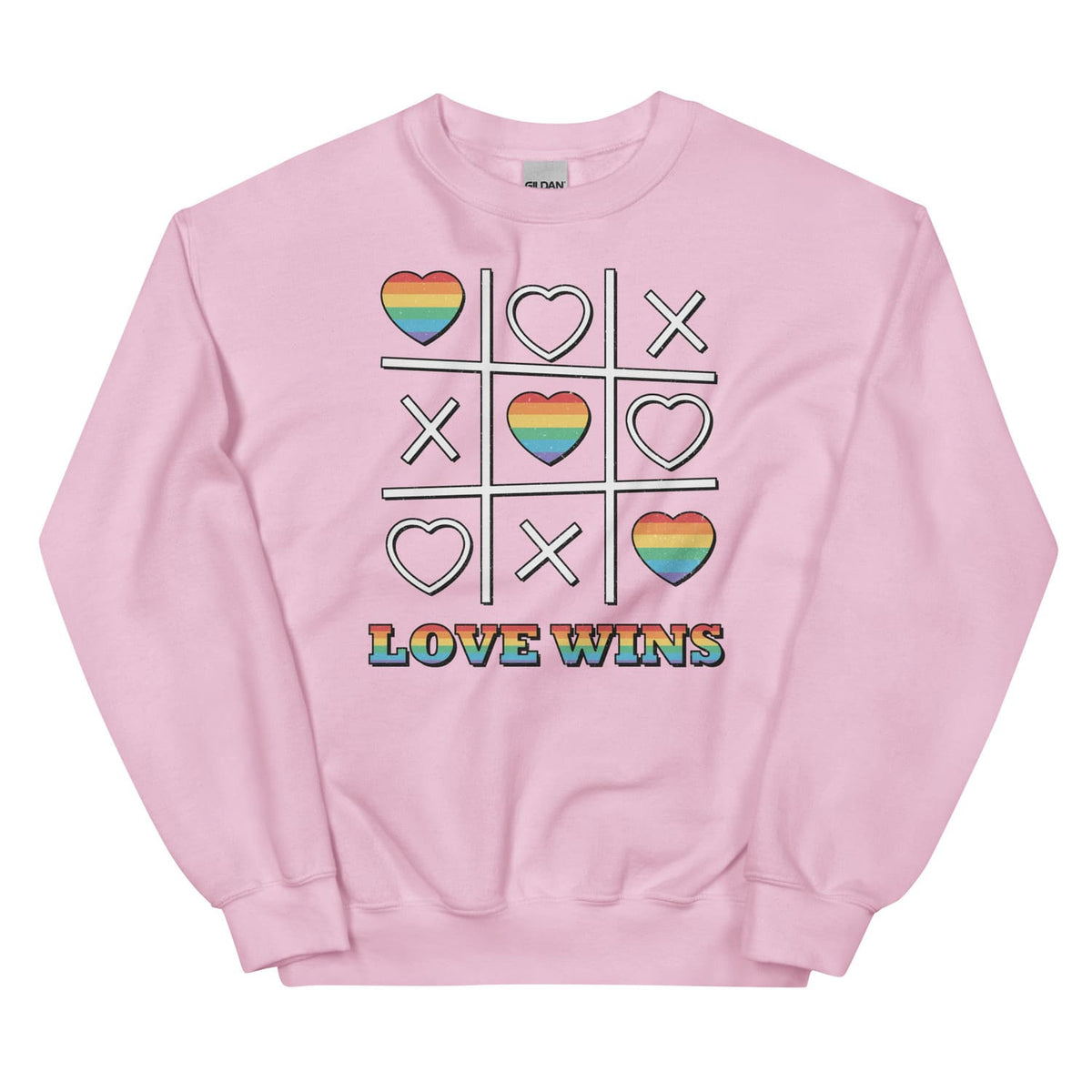 Pink LGBTQ pride sweatshirt with rainbow hearts and 'LOVE WINS' text on a white background