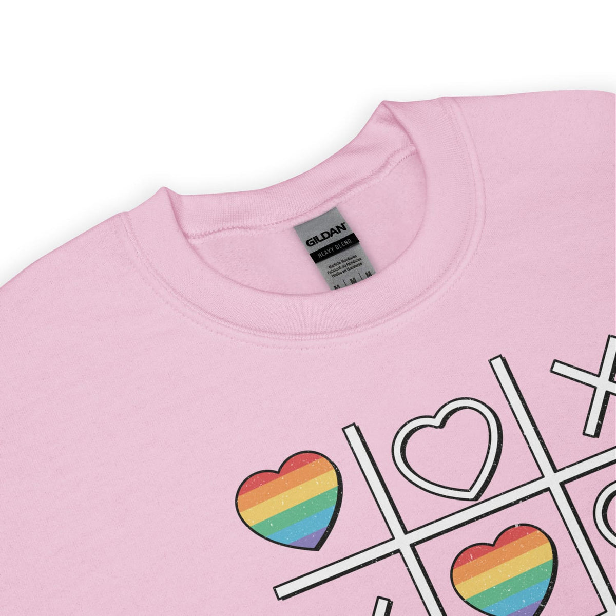 Pink pride LGBTQ sweatshirt with rainbow hearts and a crossword design on a white background