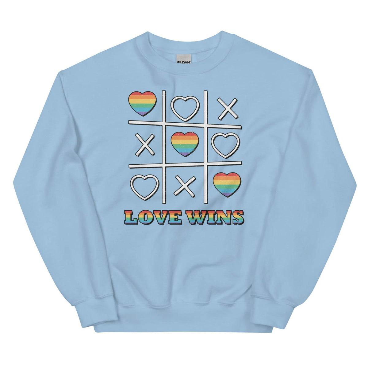 Light blue LGBT pride sweatshirt with a graphic of a tic-tac-toe game featuring rainbow hearts and the text 'Love Wins' on a white background.