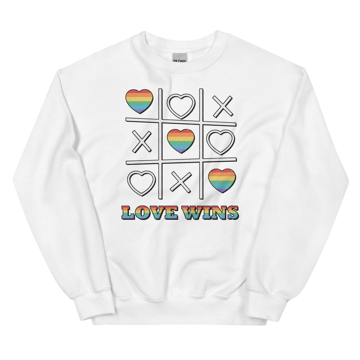White LGBT pride sweatshirt with rainbow heart and cross design and 'Love Wins' text on a white background