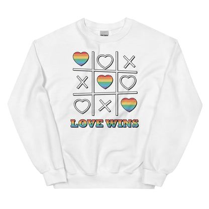 White LGBT pride sweatshirt with rainbow heart and cross design and 'Love Wins' text on a white background