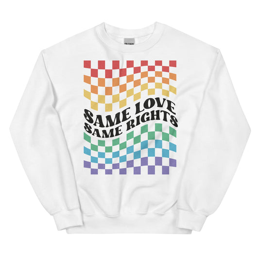 White LGBTQ pride sweatshirt with rainbow checkered pattern and 'Same Love Same Rights' text on a white background