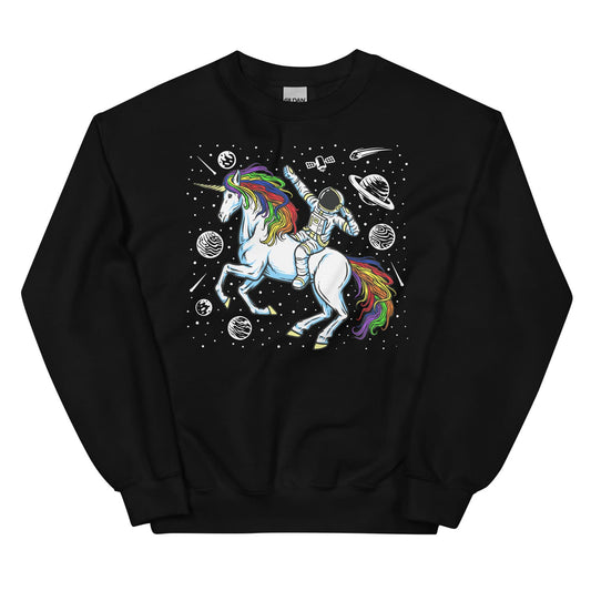 Black sweatshirt with a subtle pride lgbtq graphic of a unicorn and astronaut on a white background