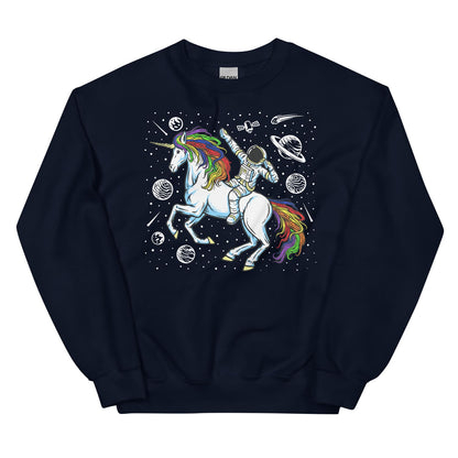 Navy sweatshirt with a mgbtq rainbow graphic of an astronaut riding a unicorn in space.