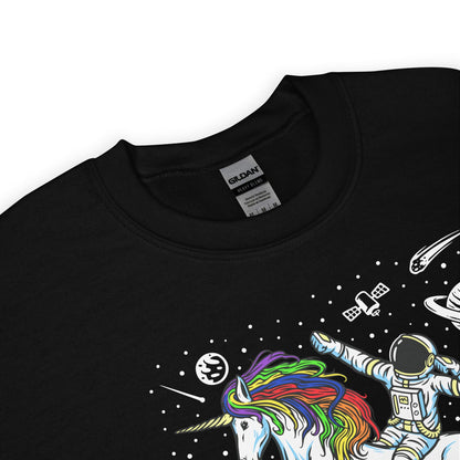 detail of subtle lgbtq sweatshirt  with an astronaut riding a unicorn in space design, featuring Gildan label.