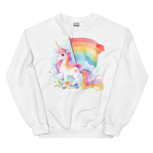 White pride lgbt sweatshirt with a colorful unicorn and rainbow design on a white background