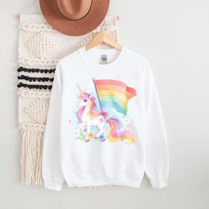 White pride lgbtq sweatshirt with a colorful unicorn design on a hanger against a white background