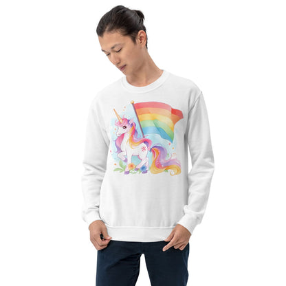Person wearing a white pride lgbt sweatshirt with a colorful unicorn and rainbow design on a white background