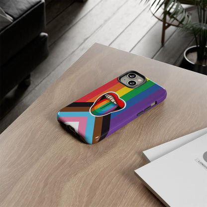 Progress pride phone case LGBTQ tongue, on table