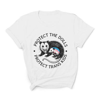 White t-shirt with graphic of opossums and text 'Protect the Dolls Protect Trans Kids' on a white background: Protect The Dolls Shirt, Protect Trans Kids Tee, Transgender Pride T-Shirt, Unhinged Opossum Fighting Trans Rights Shirt, MTF Femme Mom Gift
