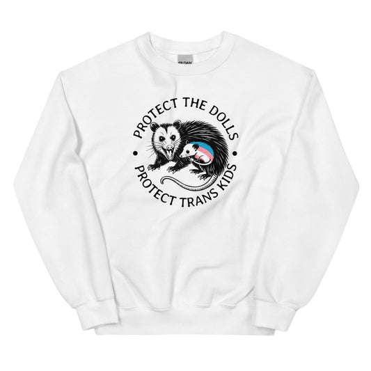 White sweatshirt 'protect trans kids' with an opossum graphic and text on a white background