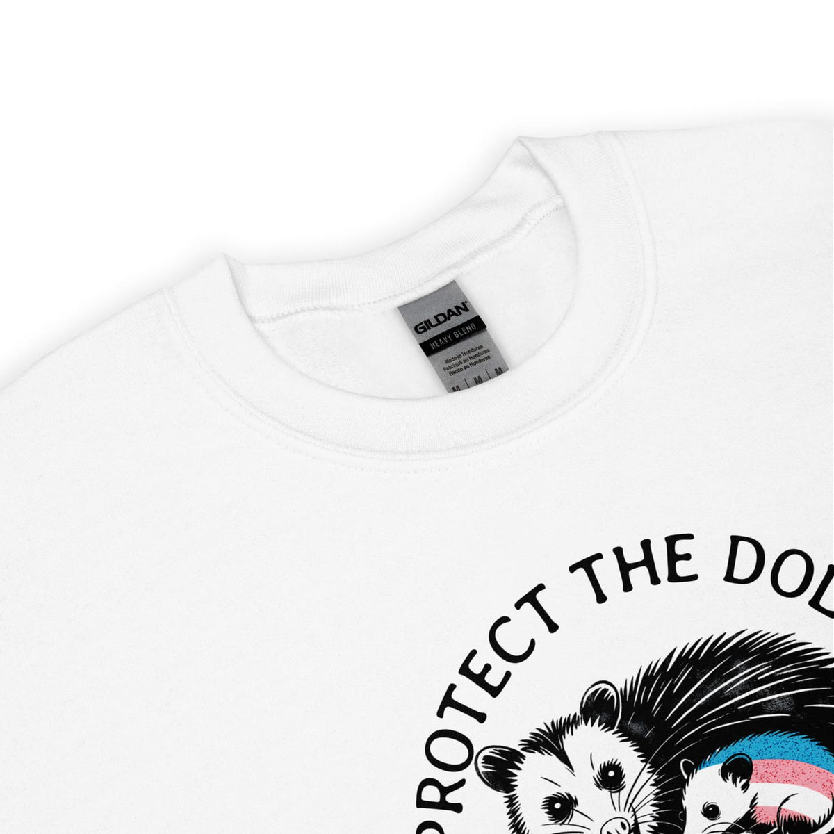 White 'protect trans kids'  sweatshirt with a graphic of two possums and the text 'Protect the Dols' on a white background.