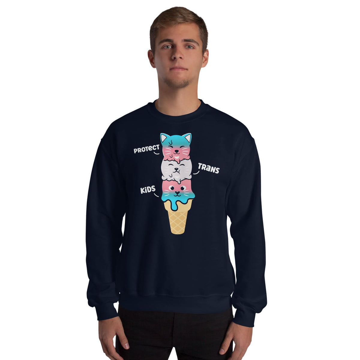 Trans man wearing a navy blue transgender sweatshirt 