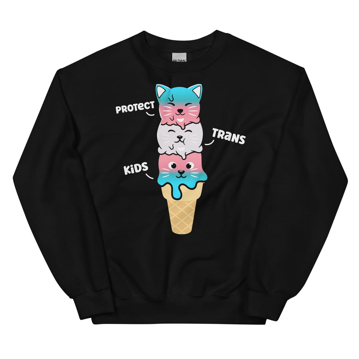 Protect trans kids sweatshirt with a trans pride ice cream cone design 