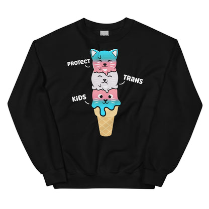 Protect trans kids sweatshirt with a trans pride ice cream cone design 
