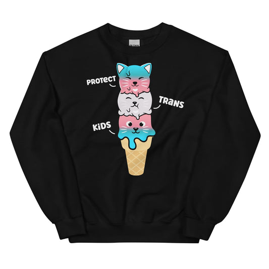 Protect trans kids sweatshirt with a trans pride ice cream cone design 