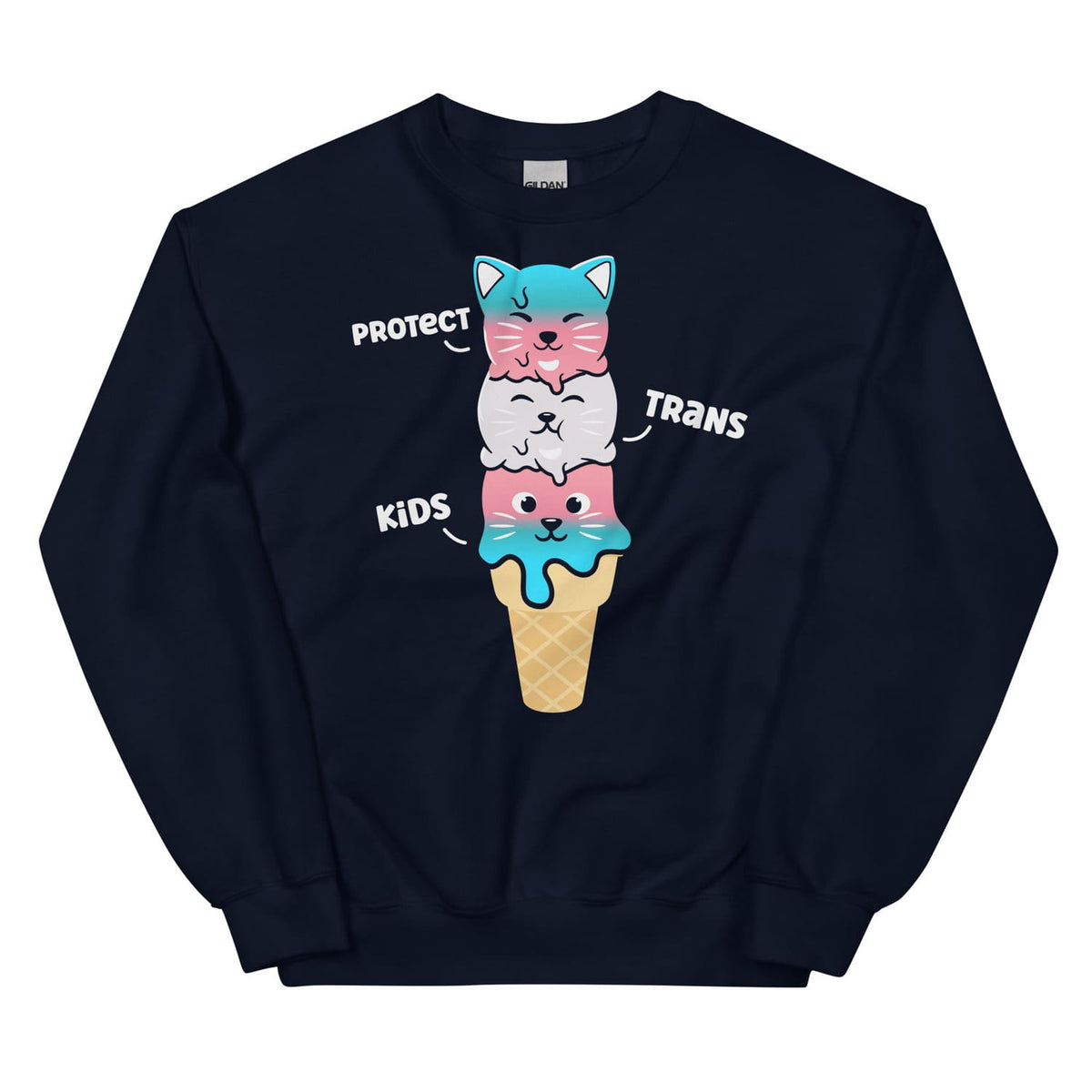 Transgender sweatshirt with ice cream cone graphic and text protect trans kids