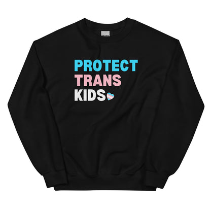 Black sweatshirt with 'PROTECT TRANS KIDS' text on a white background