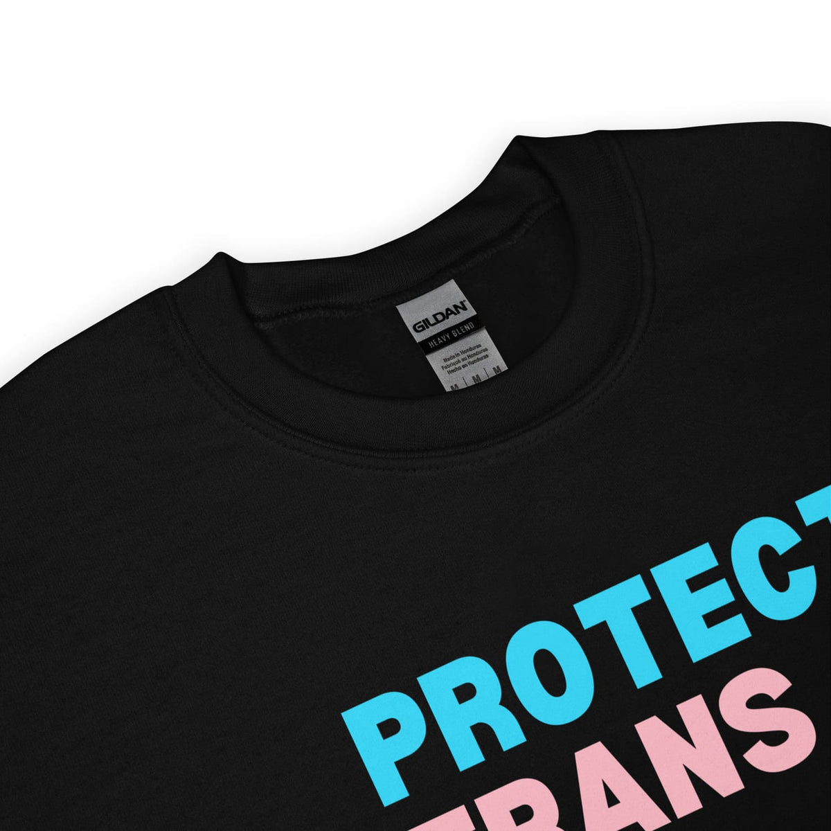 detail of Black transgender sweatshirt with 'PROTECT TRANS KIDS' text in blue and pink on a white background
