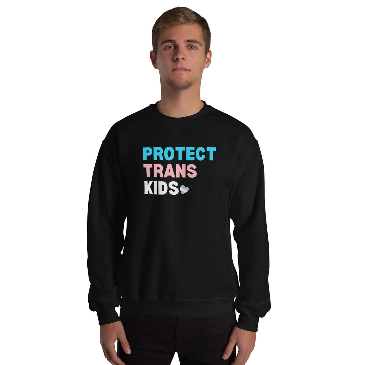 FTM transgender  wearing a black sweatshirt with 'PROTECT TRANS KIDS' text on a white background
