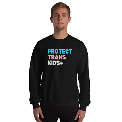 FTM transgender  wearing a black sweatshirt with 'PROTECT TRANS KIDS' text on a white background