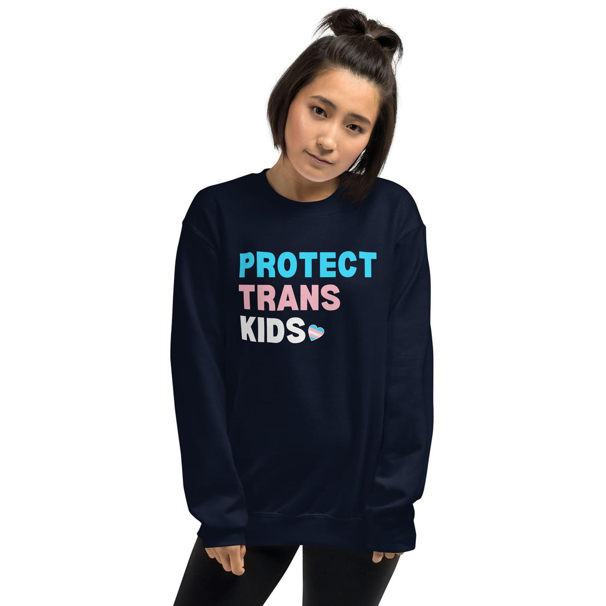 MTF transgender  wearing a navy sweatshirt with 'PROTECT TRANS KIDS' text on a white background