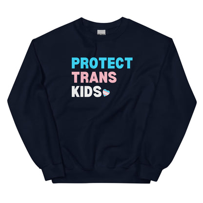 Navy sweatshirt with 'PROTECT TRANS KIDS' text on a white background