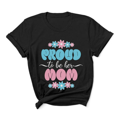 Black t-shirt with 'Proud to be her Mom' text and floral designs on a white background: Proud MTF Transgender Mom Shirt, Trans Ally Pride Tee, Supportive Mama T-Shirt, Protect Trans Kids, Mothers day Gift From Trans Daughter