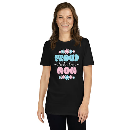 Woman wearing a black t-shirt with colorful text and graphics on a white background: Proud MTF Transgender Mom Shirt, Trans Ally Pride Tee, Supportive Mama T-Shirt, Protect Trans Kids, Mothers day Gift From Trans Daughter