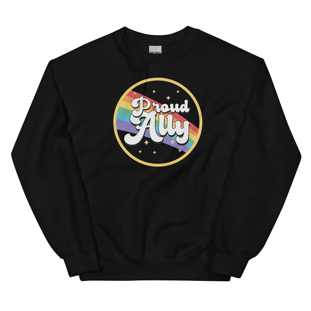 Black sweatshirt with 'Proud Ally' text and rainbow design on a white background