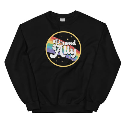 Black sweatshirt with 'Proud Ally' text and rainbow design on a white background