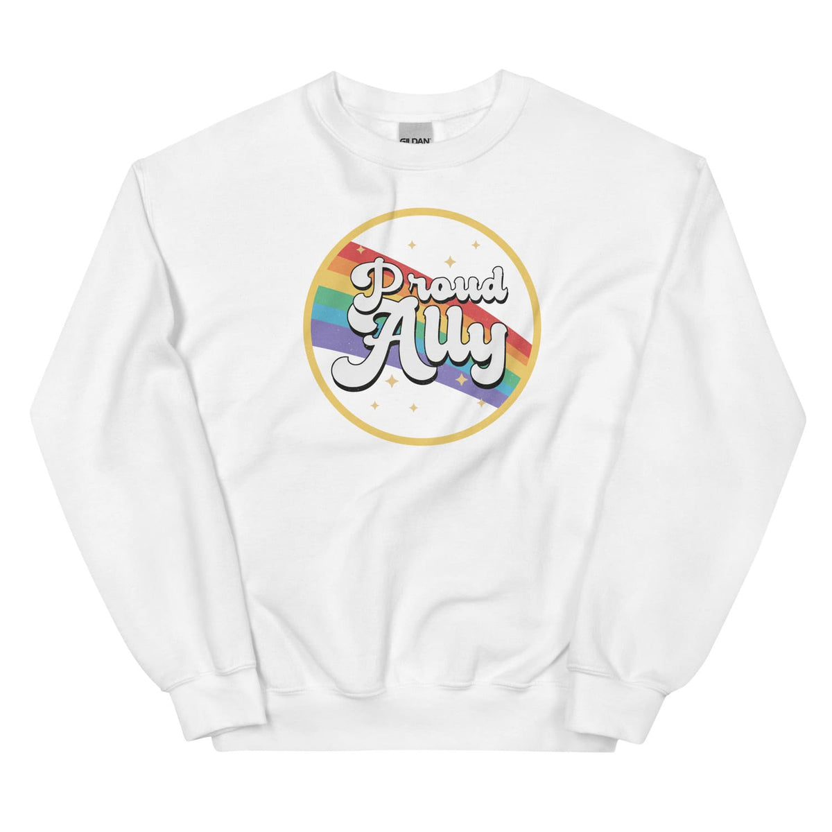 White sweatshirt with 'Proud Ally' design on a white background